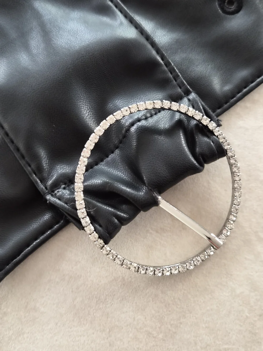 Black Faux Leather Wide Statement Belt with Rhinestone Buckle